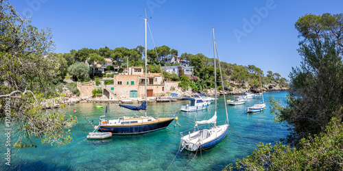 Bay of Cala Figuera on Mallorca island with boats panorama holiday by the sea in Spain