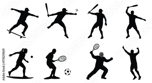 Silhouettes of athletic people engaged in various sports and active poses