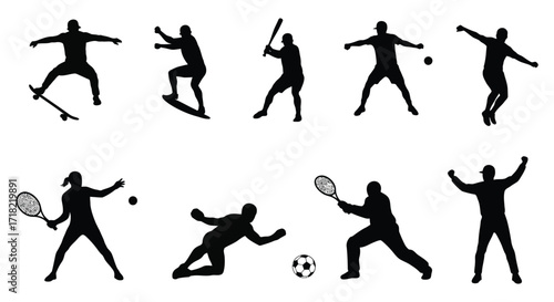 Silhouettes of people engaged in various dynamic athletic activities