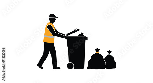 A sanitation worker emptying trash into a large wheeled bin outdoors