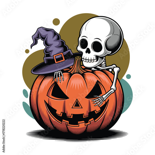 Halloween Skeleton with Pumpkin Artwork for Fun Spooky Seasonal Decor