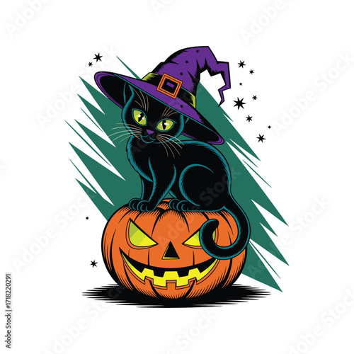 Halloween Cat Wearing Witch Hat Vibes Clipart for Party and Seasonal Art
