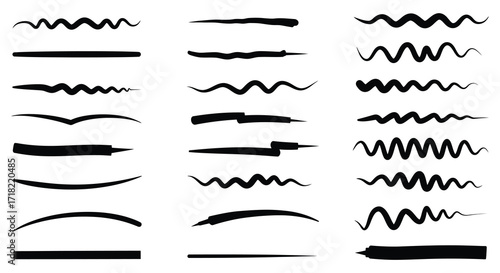 Collection of diverse black brush stroke shapes and lines on a white background