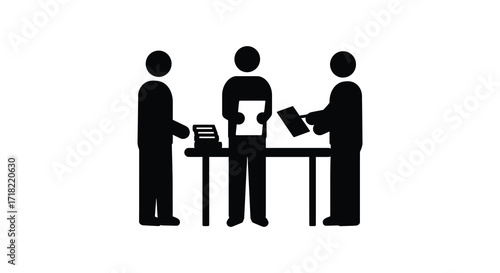 Simple black silhouette showing three people at a registration table