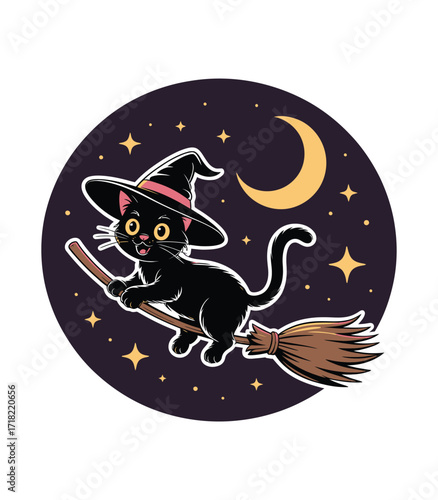 Moonlit Witch Cat Halloween Graphics for Spooky Night Party Decor