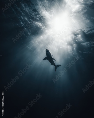 Silhouetted Great White Shark Ascending Through Sunlit Ocean Depths