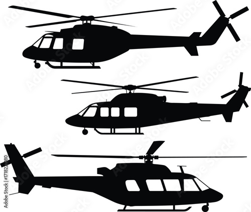 Helicopter silhouettes, side view, aviation vector, rotor design, tactical aircraft, military transport, aerospace icons, flight illustration, black shapes, streamlined body