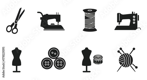 Black and white icons depicting various sewing and crafting tools
