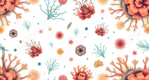 sea corals cartoon pattern background, coral reef pattern, underwater background, marine life, ocean illustration, seaweed, tropical coral, cartoon sea plants, aquatic design, seamless pattern, cute o