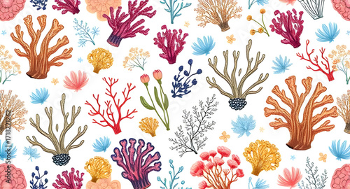 sea corals cartoon pattern background, coral reef pattern, underwater background, marine life, ocean illustration, seaweed, tropical coral, cartoon sea plants, aquatic design, seamless pattern, cute o