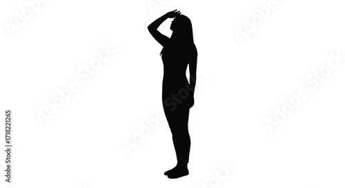 Silhouette of a woman stretching with one arm raised above her head