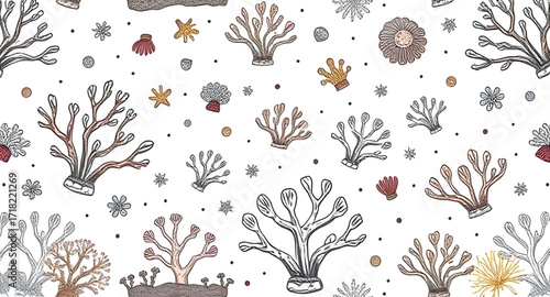 sea corals cartoon pattern background, coral reef pattern, underwater background, marine life, ocean illustration, seaweed, tropical coral, cartoon sea plants, aquatic design, seamless pattern, cute o