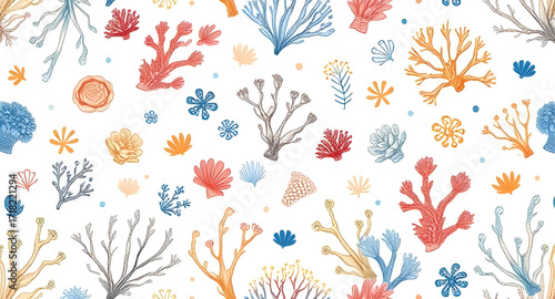 sea corals cartoon pattern background, coral reef pattern, underwater background, marine life, ocean illustration, seaweed, tropical coral, cartoon sea plants, aquatic design, seamless pattern, cute o