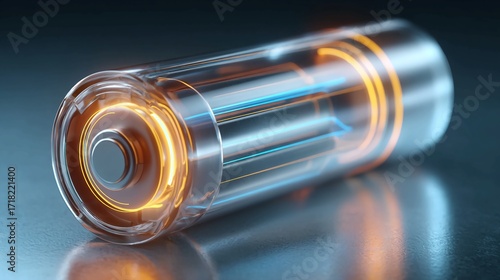 Close up of a transparent battery with glowing orange and blue elements on a dark surface