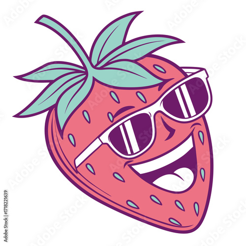 Cartoon strawberry with sunglasses is smiling widely