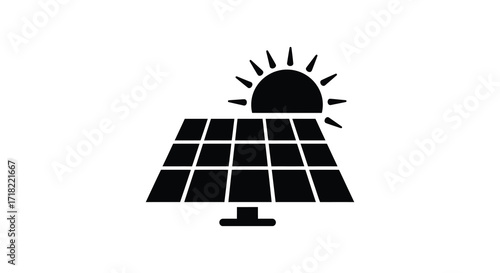 Black and white illustration of a solar panel with rising sun