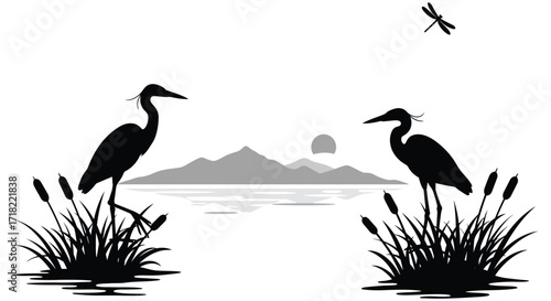 Black and white illustration of birds water and distant mountains