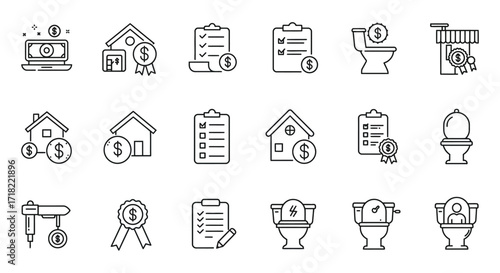 Collection of financial home and plumbing related line icons displayed