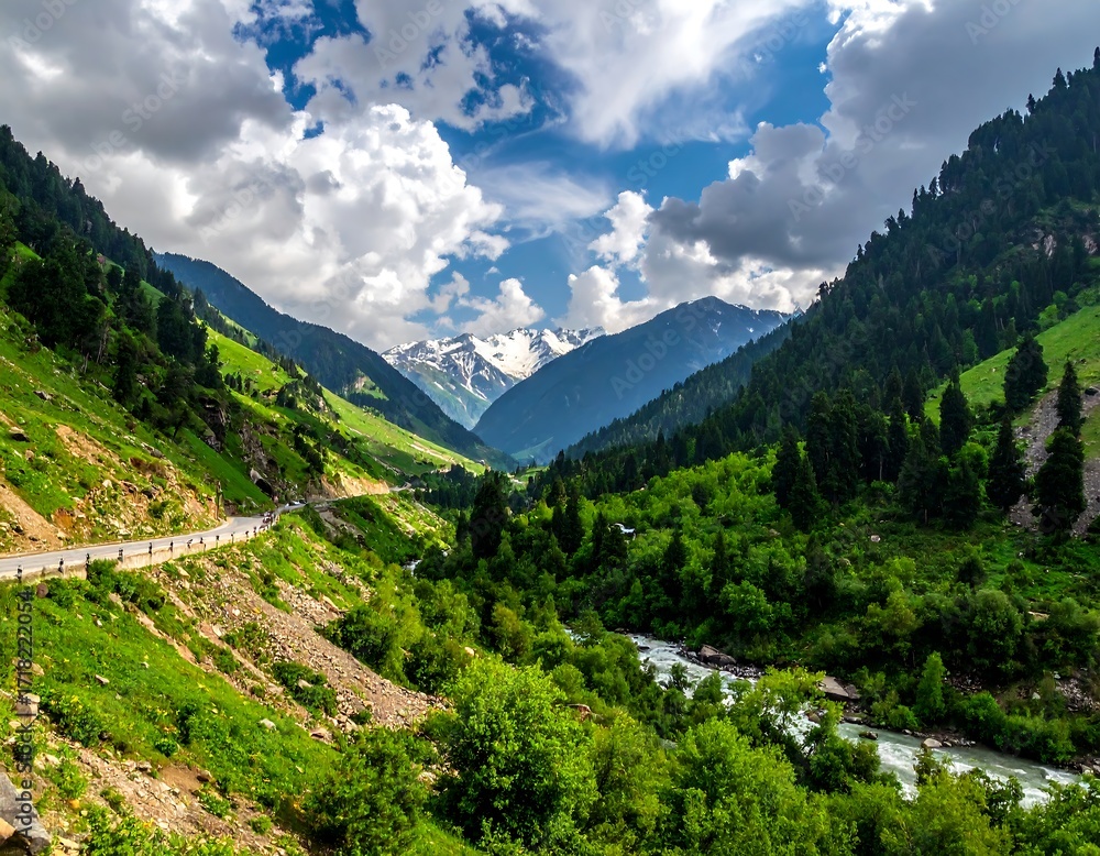 Naklejka premium Mountain valley scene with road