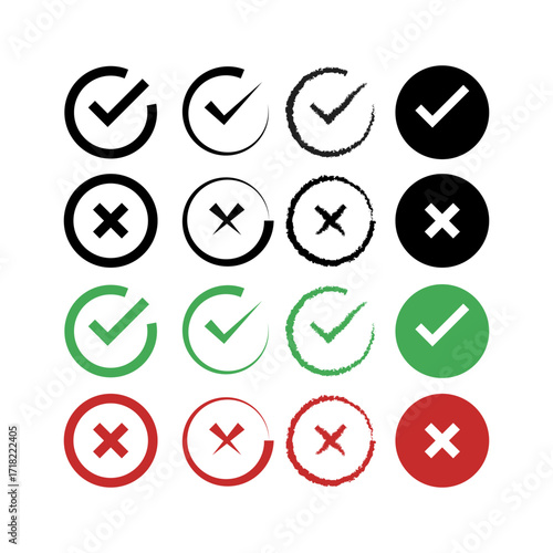 Check Mark and Cross Icon Set, Tick and X Symbols Collection