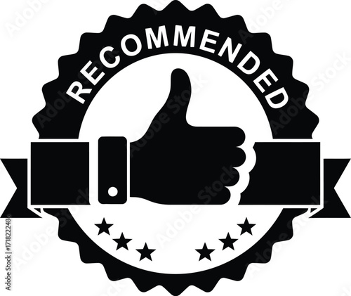 Black and white recommended seal with a thumbs up gesture inside