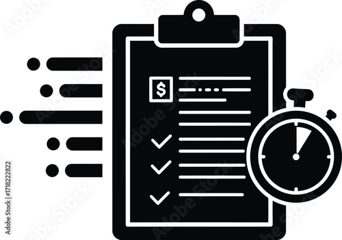 Black clipboard icon with checklist and stopwatch representing time management
