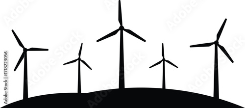 Simple black and white illustration of wind turbines on a hill