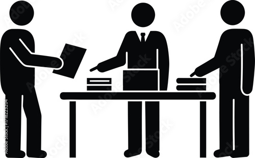 People interacting at a table with documents a simple black icon