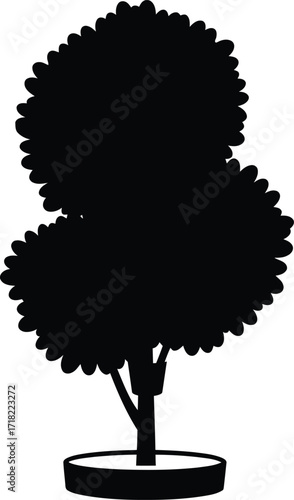 A simple silhouette of a potted rounded two tiered topiary bush