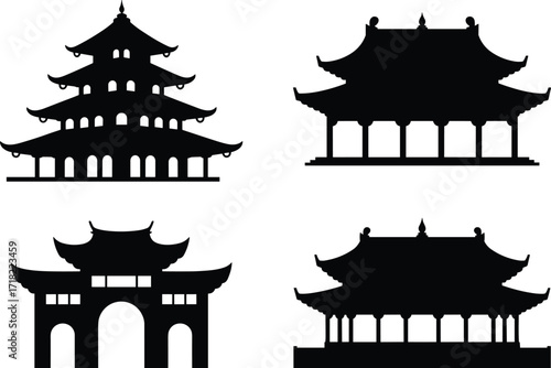 Chinese pagoda silhouette, traditional temple building vector, Asian architecture illustration, oriental cultural heritage landmark art, historic archway design, ancient Chinese structure