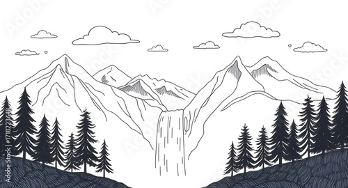 Mountain exploration design, Landscape contour artwork, Rustic mountain drawing, Hill landscape vector, Mountain scene illustration, Nature adventure sketch, Horizon mountain design, Topographic hill 