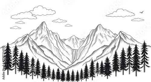 Mountain slope illustration, Natural beauty sketch, Mountain exploration design, Landscape contour artwork, Rustic mountain drawing, Hill landscape vector, Mountain scene illustration, Nature adventur