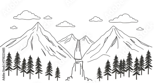 Creative mountain outline, Minimalist mountain art, Summit scenery illustration, Wild nature drawing, Countryside landscape vector, Hand-drawn wilderness art, Mountain slope illustration, Natural beau