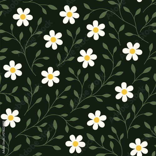 Seamless pattern with flower on dark green background vector illustration. Cute floral print.