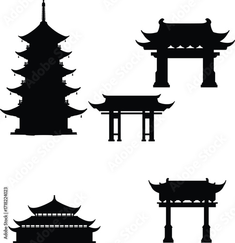Chinese architecture silhouette, traditional pagoda vector, Asian temple gate illustration, cultural heritage landmark art, oriental building design, historic archway drawing, ancient China structure