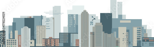 Muted city skyline, modern architecture, urban buildings, geometric design, minimalist illustration, real estate concept, clean background, diverse building heights