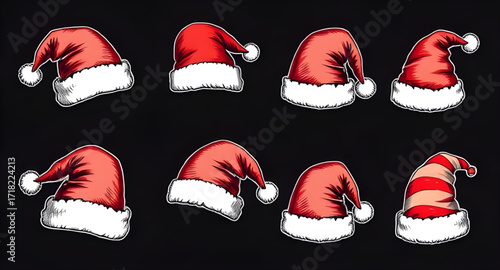 christmas accessory hats, santa hats pattern, santa hats variety, santa hat design set, santa hats images, santa hat art, santa hats with pom pom, red and white santa hats, santa hats vector pack, chr