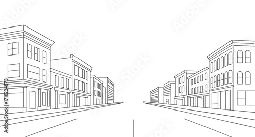 One-point perspective, city street drawing, architectural sketch, urban depth, black and white, building lines, vanishing point, hand-drawn 
