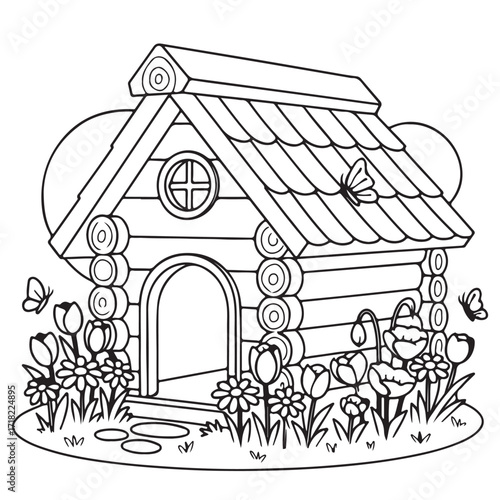Cartoon Log Cabin Doghouse with Flowers and Butterflies Outline Vector Illustration for Coloring Book