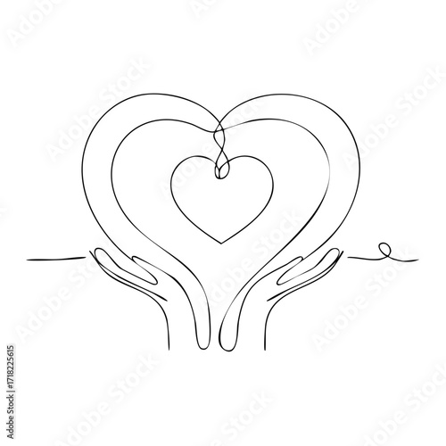 Continuous line art hands embracing multiple hearts symbolizing love compassion and care