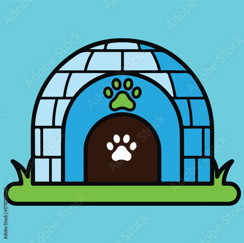 Igloo Pet Shelter Illustration Colorful Animal House with Paw Print Design