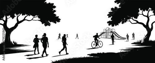 Park scene silhouette, outdoor activity, playground illustration, walking people, cycling, children playing, black and white, nature, trees, public space