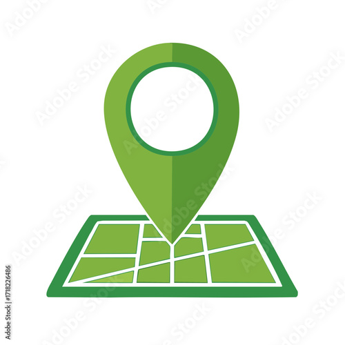 Green location pin icon on a simplified street map for GPS navigation and travel concepts