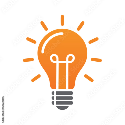 Bright orange light bulb icon glowing with rays symbolizing new idea innovation solution creativity and energy