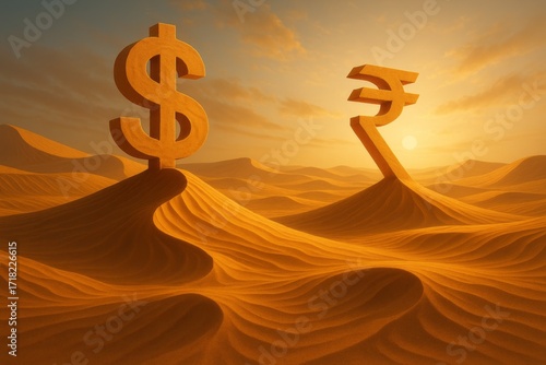 Golden dollar and rupee currency symbols stand tall on barren desert dunes at sunset