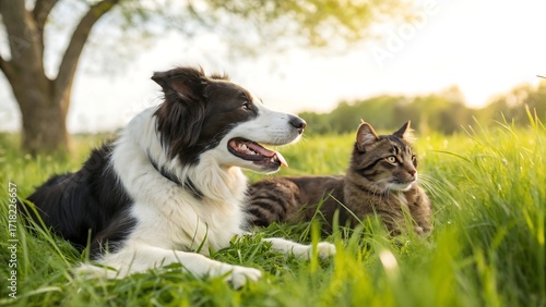 Fototapeta Naklejka Na Ścianę i Meble -  Border collie dog and tabby cat resting together in the grass on a sunny day
