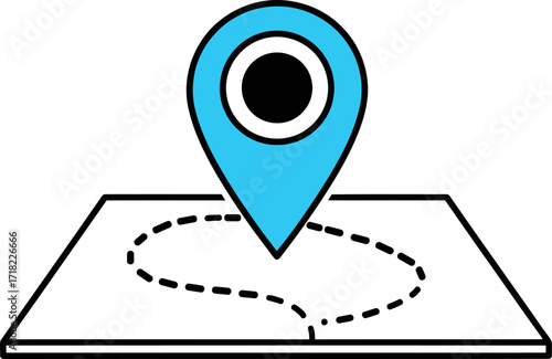 Blue map pin icon on a white background with a dashed route line location marker navigation