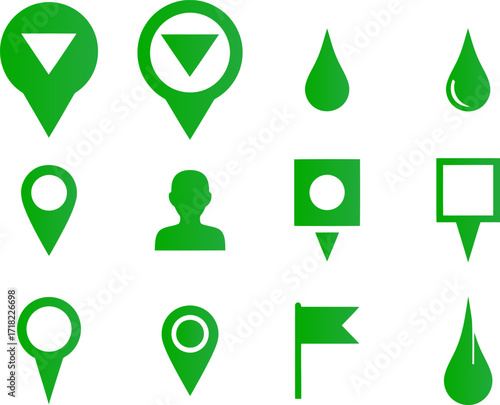Collection of green location pin icons and water drop shapes on a white background map marker navigation