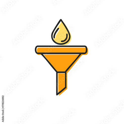 Funnel with a drop of liquid. Concept for purification or filteration processes.