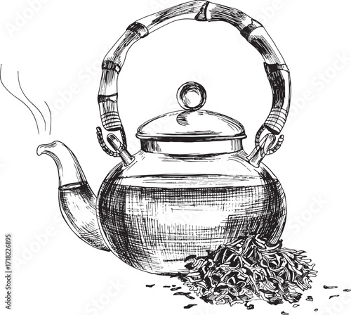 Hand drawn vintage teapot with bamboo handle and loose leaf tea. Retro sketch kettle with steam, vector engraving style illustration. Perfect for tea shop, cafe, menu, packaging, oriental design